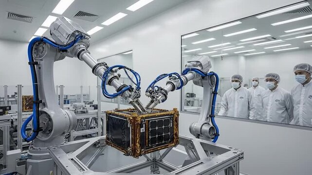 Robotic arm assembly of satellite component in high technology clean room