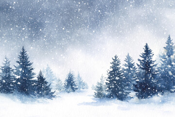 Fototapeta premium A romantic winter pine forest with falling snow, painted in watercolor style