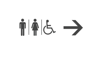 Restroom sign with male female and disabled symbols pointing right.