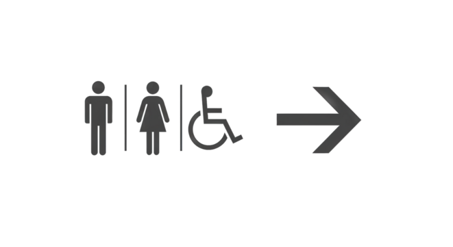 Restroom sign with male female and disabled symbols pointing right.