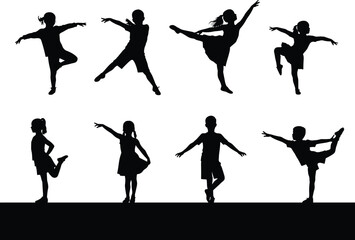 Child dance silhouette, gymnastic pose, expressive movement, black outline, minimal art, flexibility, balance, performing arts, physical activity, body motion
