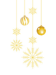 Golden hanging balls and snowflakes festive design element