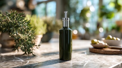Elegant Olive Oil Bottle with Fresh Olives and Herbs
