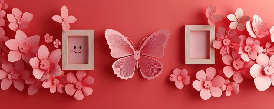 3D illustration of a cute butterfly surrounded by pink flowers with wooden frames on a soft red background
