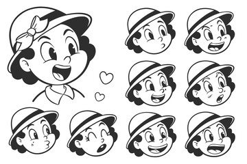 Cartoon Boy Faces with Hats in Black and White Outline Vintage Style with Various Expressions