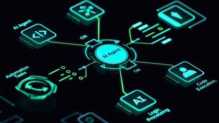 Futuristic AI workflow automation system with interconnected nodes, triggers, and data flow sleek artificial intelligence dashboard interface showing coding icons, analytics, and automation processe