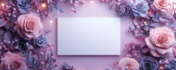 3D floral frame with purple roses and pink flowers surrounding a blank white card on a pastel background