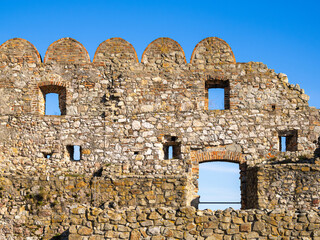 Ancient stone ruins of Devin castle, Slovakia, under a clear blue sky