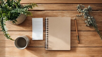 New Year 2026 Goals: Desk with notebook, plant, and resolutions. Plan, checklist, ideas for action. Copy space.