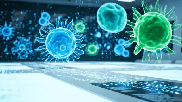 Glowing viruses and microbes visualized on a digital interface representing scientific research and analysis
