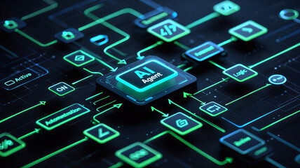 Futuristic AI workflow automation system with interconnected nodes, triggers, and data flow sleek artificial intelligence dashboard interface showing coding icons, analytics, and automation processe