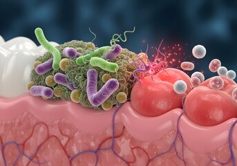 Animated 3D render of bacteria (plaque biofilm) attacking gum tissue, leading to inflammation.