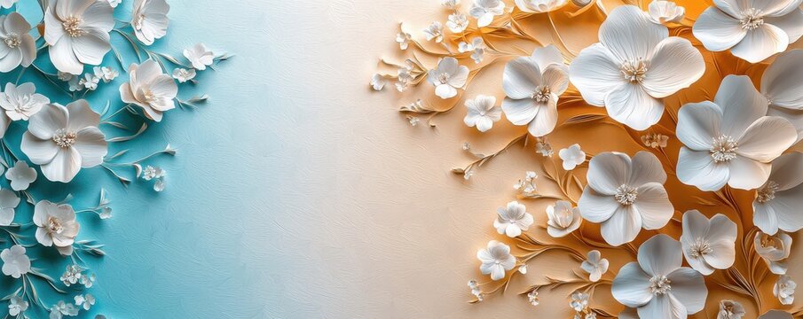 3D paper art of delicate small white flowers on a vibrant backdrop blending turquoise and gold hues