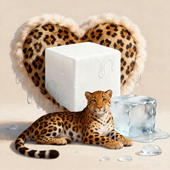 Leopard With Furry Heart And Ice Cubes Art Concept