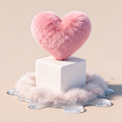 Pink Furry Heart On White Cube Art Concept