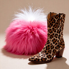 Leopard Boot And Pink Furry Ball Art Concept