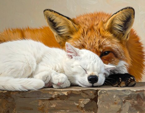 A fluffy white feline sleeps peacefully, nestled against a vibrant, orange-furred canine friend in a loving embrace. They are resting - Powered by Adobe