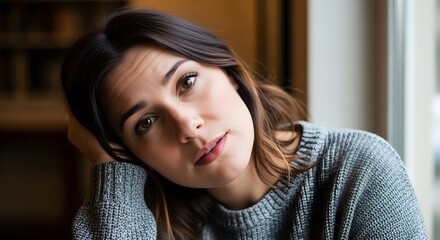 Pensive young woman with thoughtful expression resting her head on hand indoors