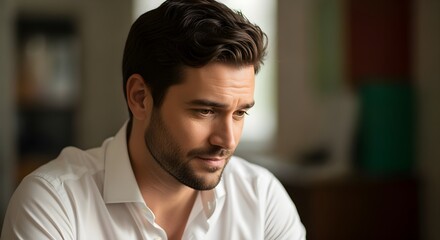 Thoughtful young man in a white shirt looking down with a pensive expression