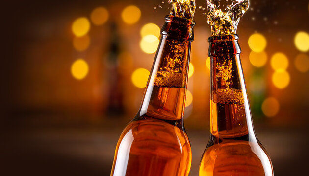 Beer bottles clinking causing splash during celebration toast - Powered by Adobe