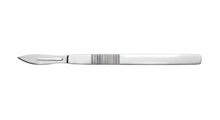 Sharp surgical scalpel with a metal handle on a white background.