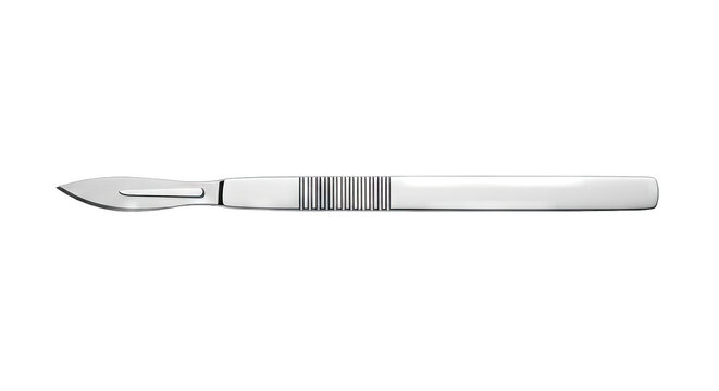 Sharp surgical scalpel with a metal handle on a white background.
