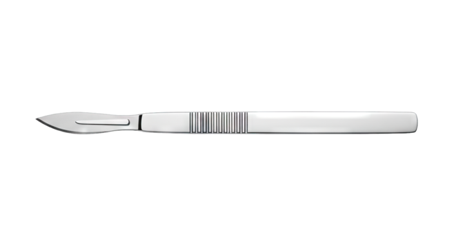 Sharp surgical scalpel with a metal handle on a white background.