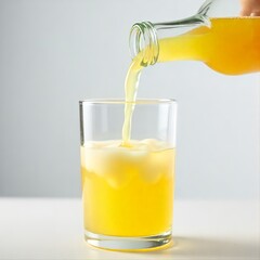 A clear glass is being filled with a pale-yellow liquid from a glass bottle, the dynamic action of pouring, juice lemon
