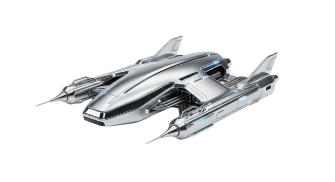 Sleek Silver Futuristic Spaceship Model Isolated on White Background.