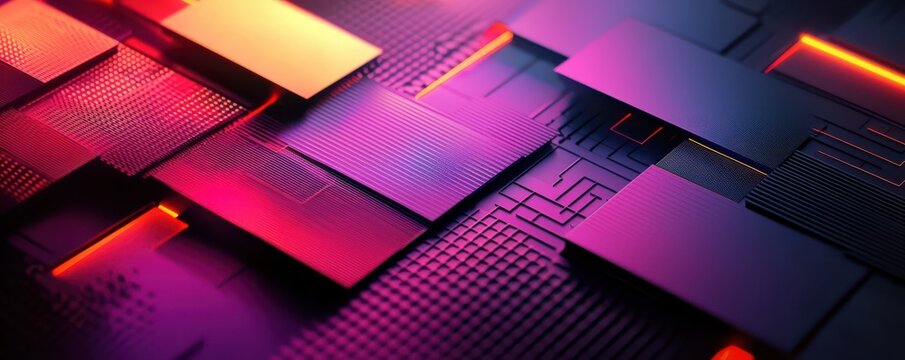 Abstract background of dark geometric shapes featuring vibrant lighting in red and purple tones creating a modern and futuristic atmosphere