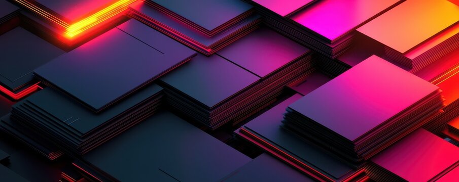 Abstract background of overlapping dark geometric shapes with vibrant neon lighting