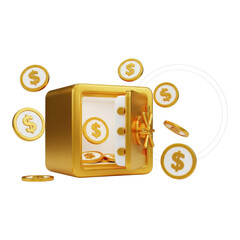 A golden safe with dollar coins floating around it isolated on transparent background