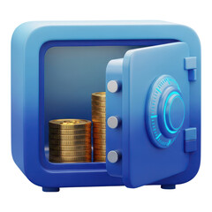 Safe with stacks of gold coins inside, 3d rendering isolated on transparent background