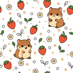 Cute hamster with strawberries and flowers. Funny seamless pattern