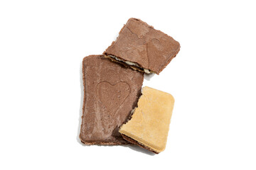 Broken Ice Cream Sandwiches. Three ice cream sandwiches with heart imprints, one partially eaten. Chocolate and vanilla flavors on white background.