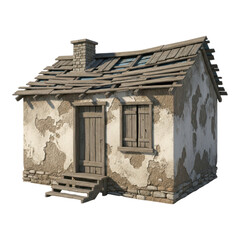 An old dilapidated house with damaged roof isolated on transparent background