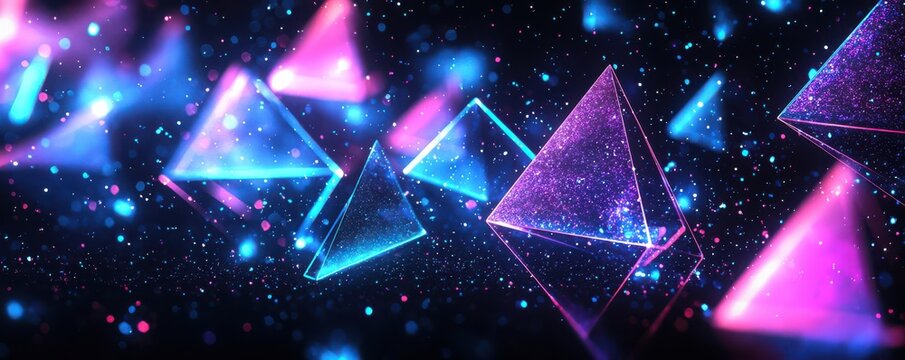 Abstract geometric neon pyramids with blue and purple hues on a black background