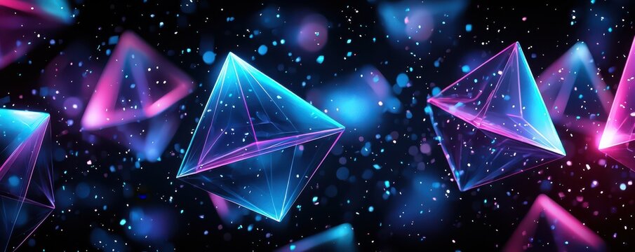 Futuristic geometric shapes with neon blue and purple hues on a black background creating a modern and abstract digital art piece