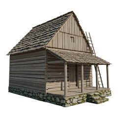 Rustic wooden cabin with a ladder isolated on transparent background stands alone