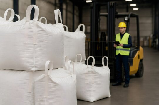 Worker checking bulk bags inventory in warehouse