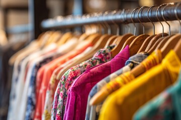 Obraz premium Vibrant shirts and blouses in various colors hang neatly on wooden hangers in a chic boutique. Soft afternoon light illuminates the fabric, creating a welcoming atmosphere for shoppers