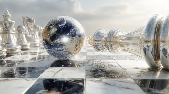 A chessboard with silver pieces and a globe in place of a piece. The fallen king symbolizes global change.