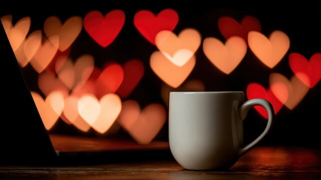 White ceramic cup on wooden table with a laptop keyboard in front, minimal workspace setup, natural lighting, modern office environment, daytime.