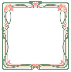 Obraz premium Square Art Nouveau frame with elegant stylized flowers, flowing lines, and a heart motif in soft pastel pink, sage green, and yellow.