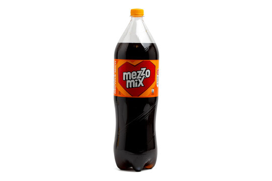 Germany Berlin November 6, 2025. Mezzo Mix Bottle. Single 2L Mezzo Mix soft drink bottle isolated on white background. Refreshing orange-cola flavor beverage.