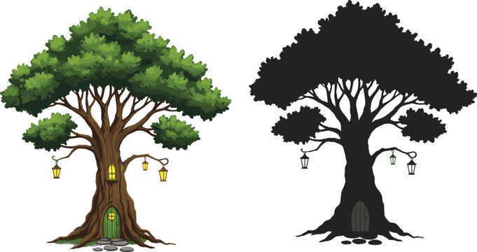 Fantasy tree house with glowing lamps and wooden door, magical forest illustration, fairy home concept, nature fantasy artwork design