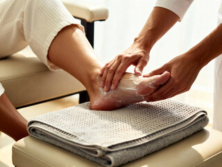 Fototapeta premium A close-up of a person receiving a foot massage. A male therapist with dark hair gently massages the foot of a woman wearing a white robe. Soft lighting creates a relaxing atmosphere.