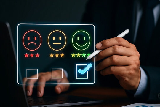 Hand gives excellent 5-star customer service feedback on a digital screen with a happy smiley face, symbolizing high satisfaction and a positive review.