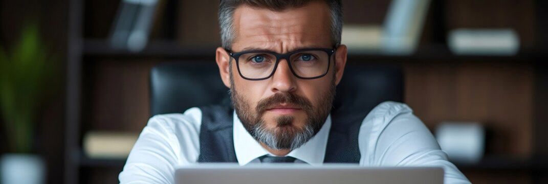 Businessman sitting at desk working on laptop computer