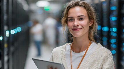 Woman data center specialist holding digital tablet smiling